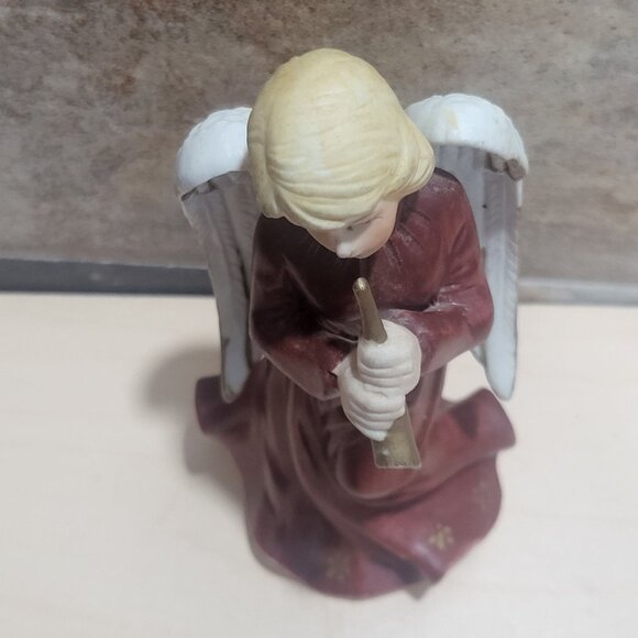 Bisque Porcelain Angel Figurine Playing a Gold Horn Trumpet - Picture 3 of 10